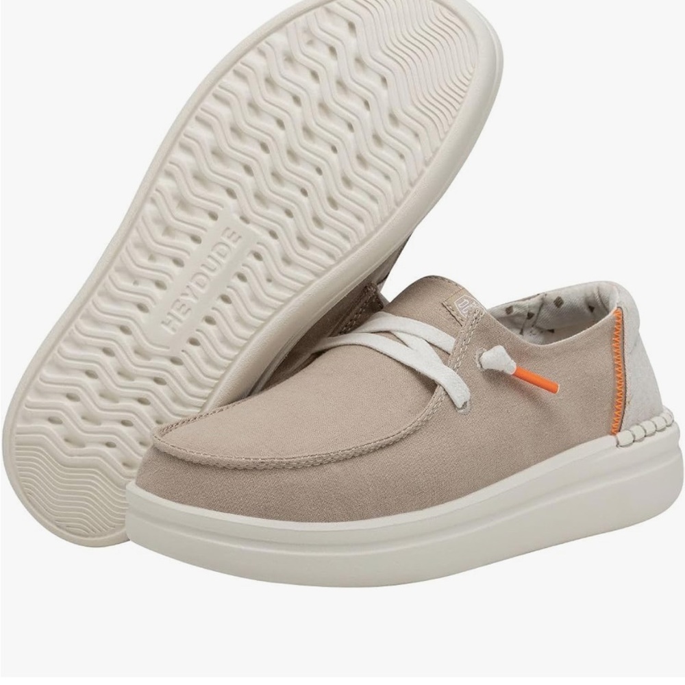Hey Dude Women's Taupe Canvas Sneakers with White Soles and Orange Accent